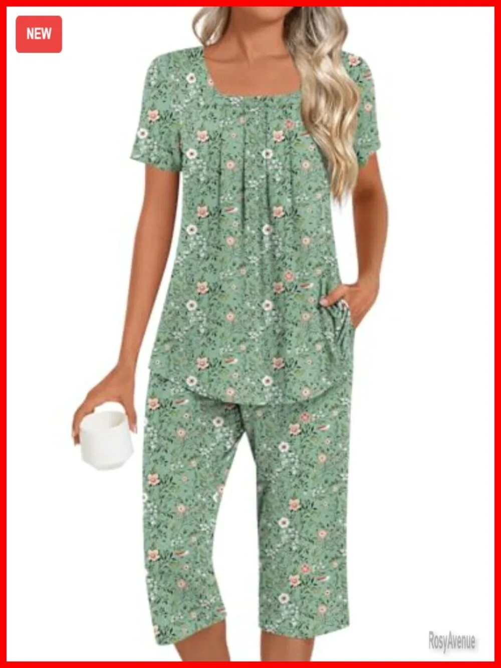 Women's Pajamas Set Square Neck Short Sleeve Soft Rayon Sleepwear Lounge 2 Piece